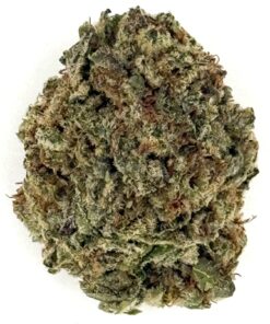 Close-up of a dense cannabis bud with vibrant green and brown hues, showcasing its rich texture and trichomes.