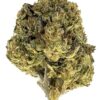 Close-up of a green cannabis bud showcasing its dense, trichome-covered texture against a white background.