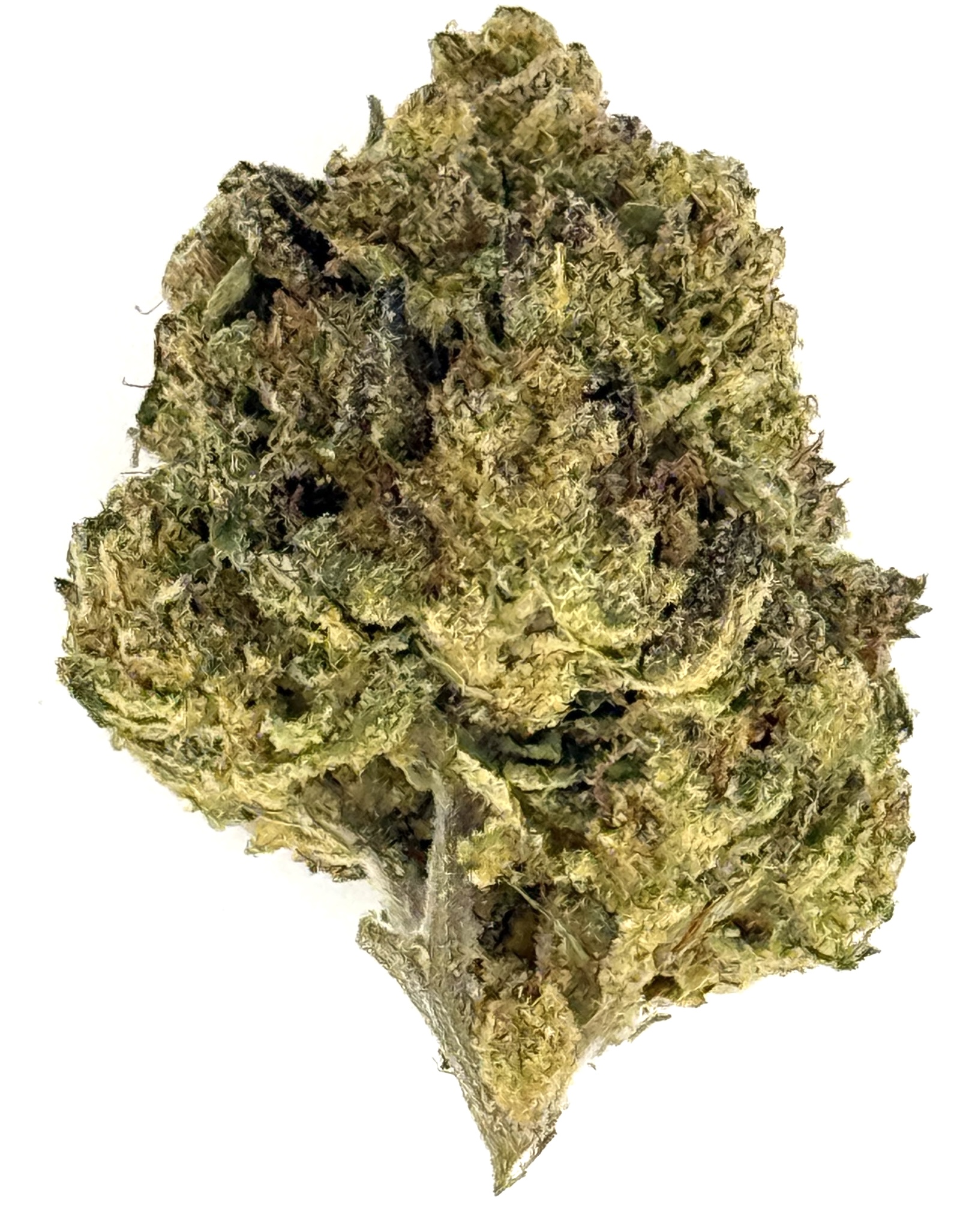 Strawberry Fields (Ounce) 1 Close-up of a green cannabis bud showcasing its dense, trichome-covered texture against a white background.