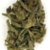 Image of a close-up view of cannabis buds with fine trichomes and green leaves, highlighting its rich texture and quality.