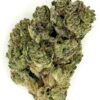 Close-up of a green cannabis flower showcasing its rich texture and frosty trichomes against a white background.