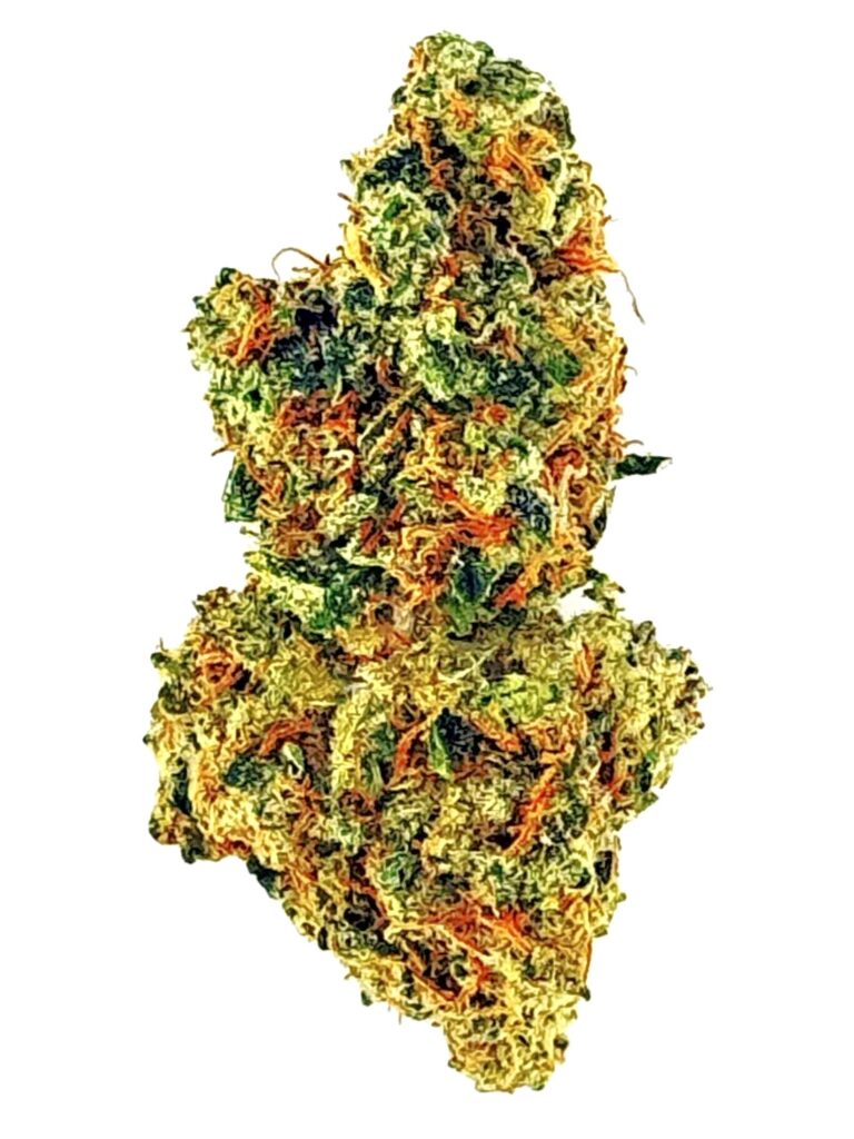 Close-up image of a vibrant cannabis bud showing green and orange hues, ideal for cannabis enthusiasts and growers.