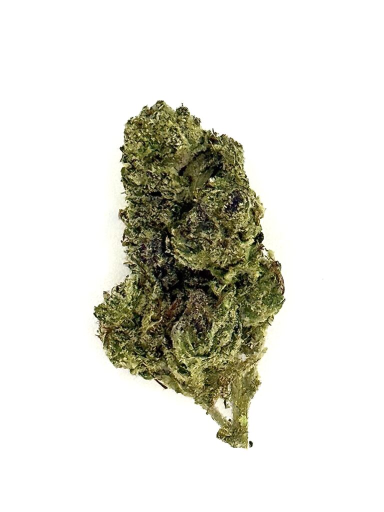 Close-up image of a green cannabis bud, showcasing its dense texture and natural coloring on a white background.