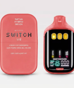 Alt text: Boutiq Switch V5 all-in-one vaping device featuring liquid live diamonds, hybrid and sativa options in sleek packaging.