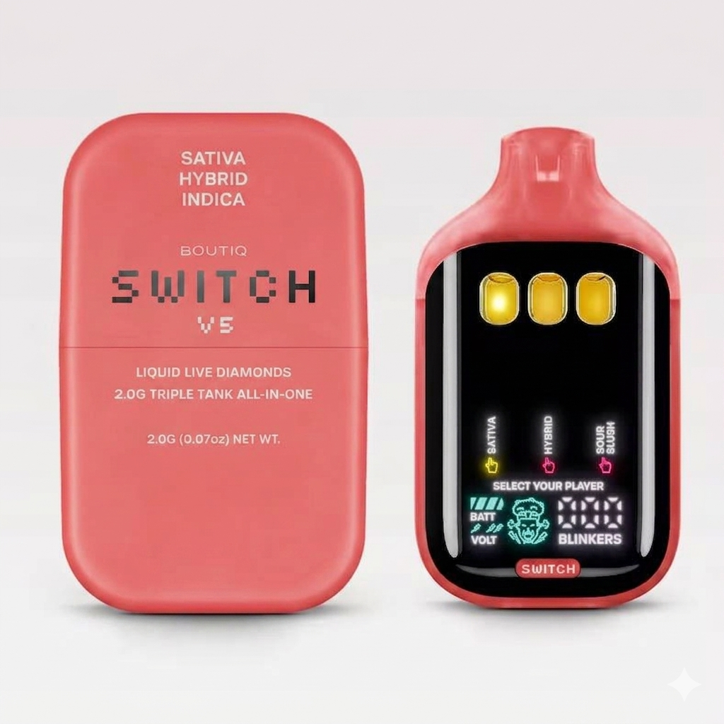 Alt text: Boutiq Switch V5 all-in-one vaping device featuring liquid live diamonds, hybrid and sativa options in sleek packaging.