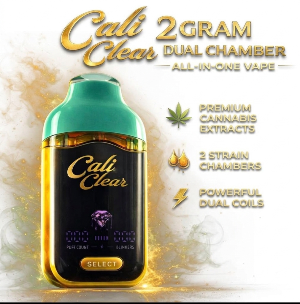 Alt text: Cali Clear 2-gram dual chamber vape featuring premium cannabis extracts and powerful dual coils for a unique experience.