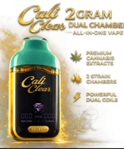 Alt text: Cali Clear 2-gram dual chamber vape featuring premium cannabis extracts and powerful dual coils for a unique experience.