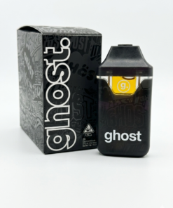 Packaged Ghost vape device with bold branding, showcasing sleek design and colorful liquid indicator.