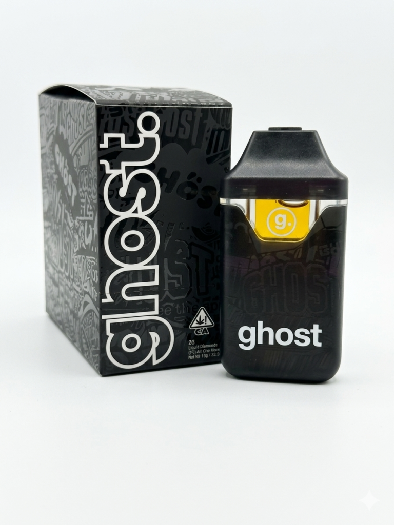 Packaged Ghost vape device with bold branding, showcasing sleek design and colorful liquid indicator.