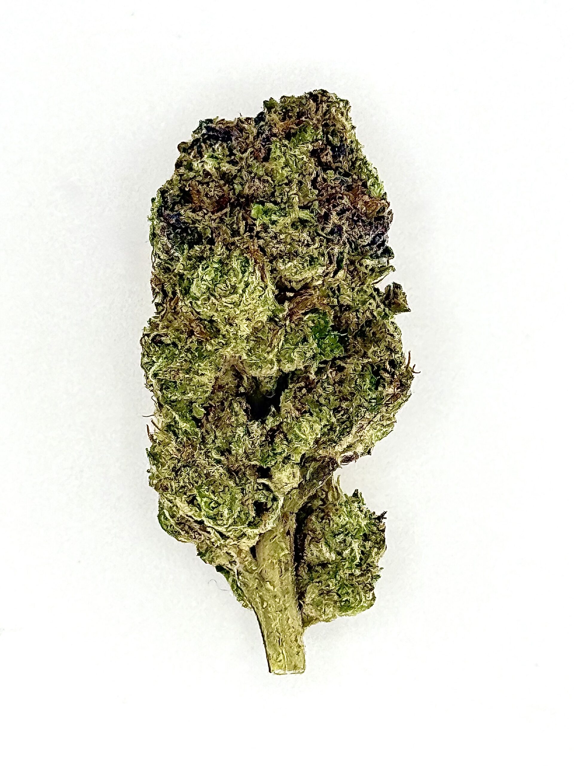 Gum Drops 1 Close-up of a green cannabis bud with vibrant trichomes on a white background, showcasing its texture and color.