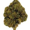 Close-up of a dense, green cannabis bud with rich trichomes and textured leaves, showcasing its vibrant color and detail.