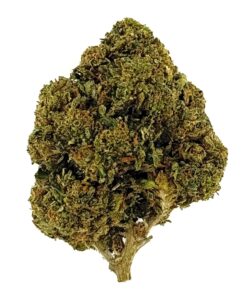 Close-up of a dense, green cannabis bud with rich trichomes and textured leaves, showcasing its vibrant color and detail.