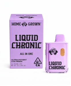 Alt text: Home Grown Liquid Chronic all-in-one vape device in purple packaging, showcasing ultra potent live resin.