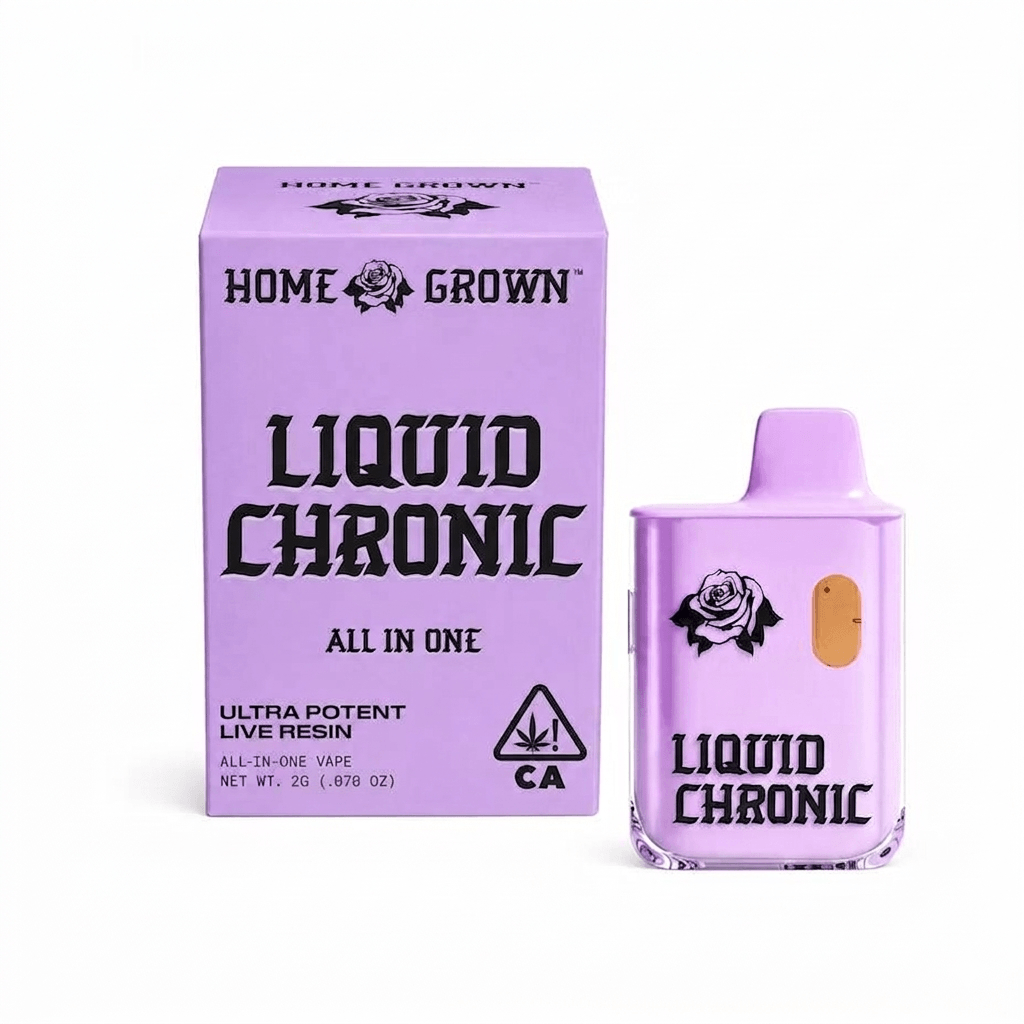 Alt text: Home Grown Liquid Chronic all-in-one vape device in purple packaging, showcasing ultra potent live resin.