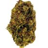 Close-up of a vibrant, green cannabis bud showcasing its intricate textures and colors against a white background.