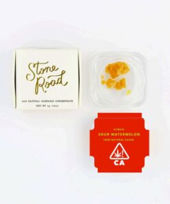Alt text: Stone Road 100% natural cannabis concentrate packaging with Sour Watermelon hybrid strain in a clear container.