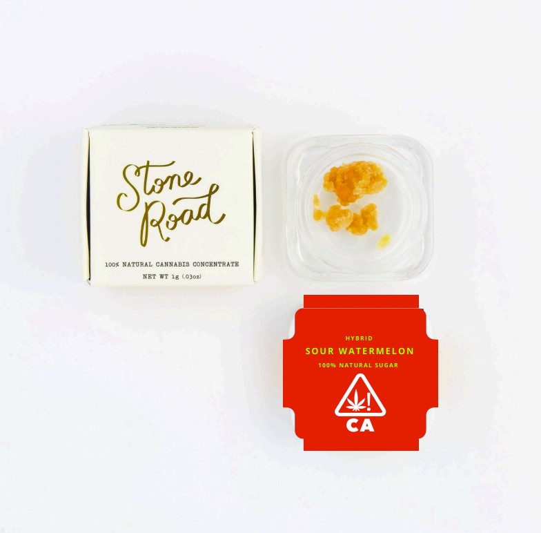 Sour Watermelon - 1g Hybrid Sugar | Stone Road 1 Alt text: Stone Road 100% natural cannabis concentrate packaging with Sour Watermelon hybrid strain in a clear container.