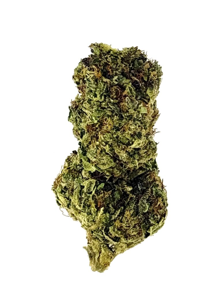 Close-up of a dense, vibrant green cannabis bud with rich textures against a white background. Perfect for medical use.