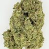 Close-up of a dense cannabis bud showcasing vibrant green hues and frosty trichomes on a white background.