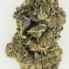 Close-up of a cannabis bud showcasing rich greens and purples, highlighting its texture and trichomes.