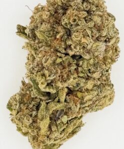 Close-up of green cannabis bud with visible trichomes and texture, highlighting its quality and freshness.