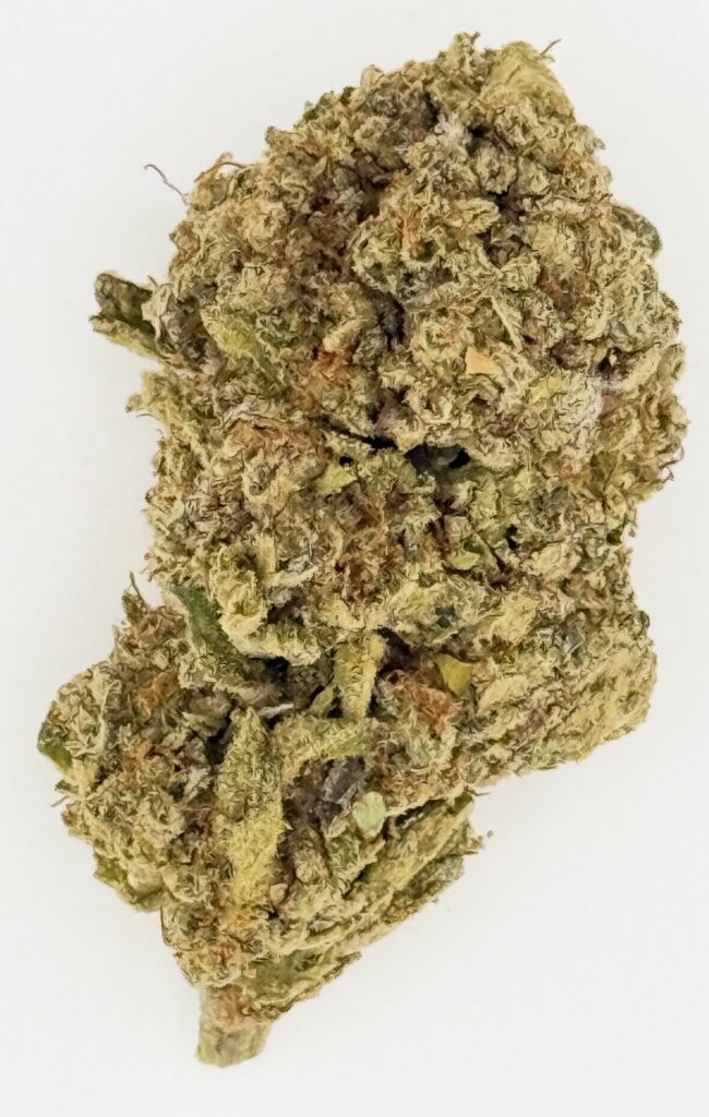 Close-up of green cannabis bud with visible trichomes and texture, highlighting its quality and freshness.