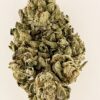 Close-up of a frosty cannabis bud, showcasing its dense texture and vibrant green color against a white background.
