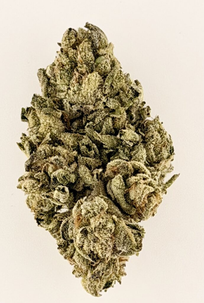 Close-up of a frosty cannabis bud, showcasing its dense texture and vibrant green color against a white background.