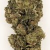 Close-up of a dense cannabis bud showcasing vibrant green hues and a frosty texture, highlighting its quality.