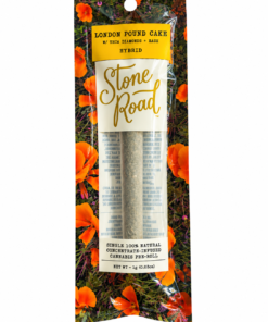 Stone Road's London Pound Cake cannabis pre-roll with THCA diamonds and hash, nestled in vibrant floral packaging.