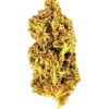Close-up of a vibrant cannabis bud showcasing its green and golden trichomes against a white background.