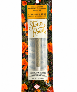 Alt text: Stone Road Pineapple Kush cannabis pre-roll, infused with hash, featuring vibrant floral packaging.