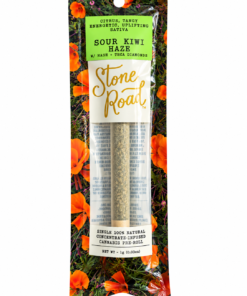 Alt text: Sour Kiwi Haze cannabis pre-roll by Stone Road, featuring a vibrant floral background and details on packaging.