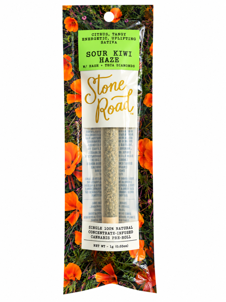 Alt text: Sour Kiwi Haze cannabis pre-roll by Stone Road, featuring a vibrant floral background and details on packaging.