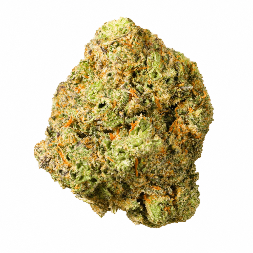 Close-up of a vibrant cannabis bud showcasing rich green hues and orange pistils, emphasizing its unique texture and detail.