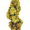 Close-up of vibrant green cannabis buds with dense trichomes and orange hairs on a white background.