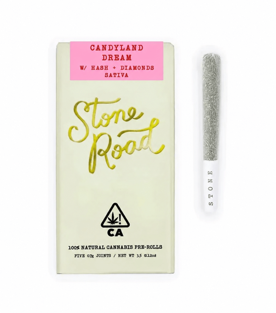 Stone Road's Candyland Dream pre-rolls featuring hash and diamonds, ideal for sativa enthusiasts in California.