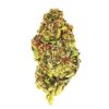 Close-up of a cannabis bud featuring vibrant green and orange hues, showcasing its dense, frosty texture.