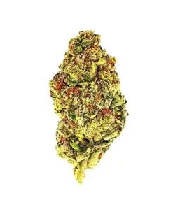 Close-up of a cannabis bud featuring vibrant green and orange hues, showcasing its dense, frosty texture.