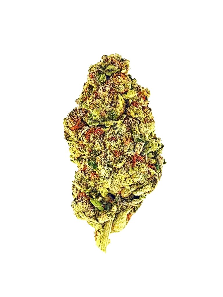 Close-up of a cannabis bud featuring vibrant green and orange hues, showcasing its dense, frosty texture.