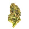 Close-up of a bright green cannabis bud, showcasing its dense structure and vibrant trichomes against a white background.