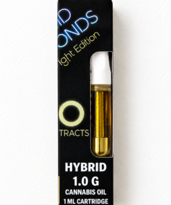 Hybrid cannabis oil cartridge 1.0 g in sleek black packaging, featuring gold accents and logo on a white background.