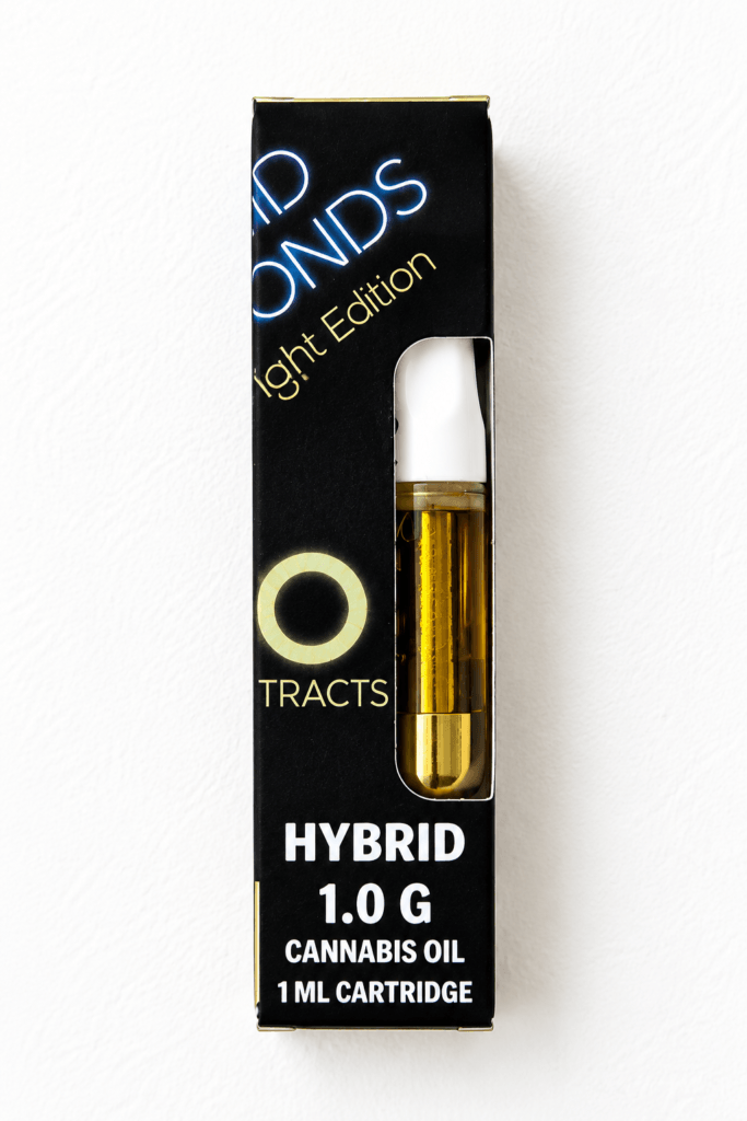 Hybrid cannabis oil cartridge 1.0 g in sleek black packaging, featuring gold accents and logo on a white background.