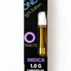 Alt text: Indica cannabis oil cartridge (1.0g) in a sleek black package, featuring vibrant branding and product details.