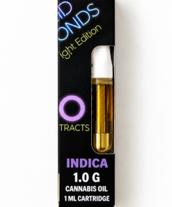 Alt text: Indica cannabis oil cartridge (1.0g) in a sleek black package, featuring vibrant branding and product details.