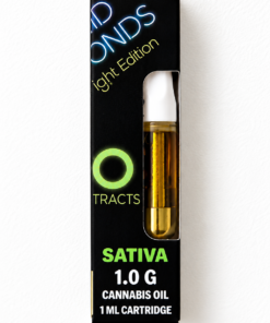 1.0g sativa cannabis oil cartridge in sleek packaging with green and black design for vape users.