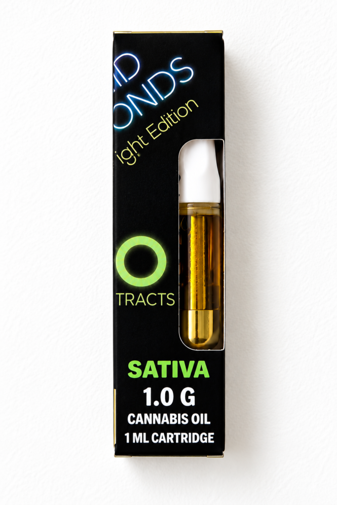 1.0g sativa cannabis oil cartridge in sleek packaging with green and black design for vape users.