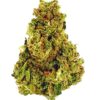 Close-up of green cannabis bud with dense trichomes, showcasing its texture and vibrant colors against a white background.