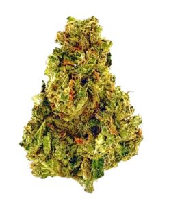 Close-up of green cannabis bud with dense trichomes, showcasing its texture and vibrant colors against a white background.