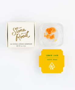 Alt text: Stone Road cannabis concentrate packaging with Lemon Jack sativa sugar in a clear container.